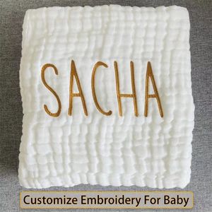 Decken Wickeldecke Customize Bebe Name 6-lagiges Baby-Badetuch Baumwollbettwäsche Organic Born Musselin Swaddle Quilt 230413