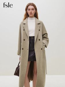 Women's Wool Blends FSLE 100% Wool Black Temperament Long Double Breasted Woolen Jackets 60.6% Wool 10.5% Silk Belt Design Female Beige Apricot Coat 231114