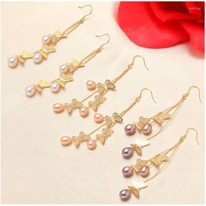 Dangle Earrings Butterfly Real Fraphwater 6-7mm Pearl Gold Plated Drop Nice Party Wedend Gift 10ペア/ロット