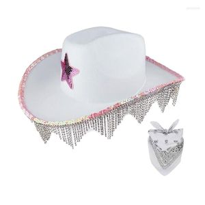 Berets Elegant Cowgirl Hat With Sequin Star Pattern Bride Wedding Po Kerchief Tassel Brim Sun-protection