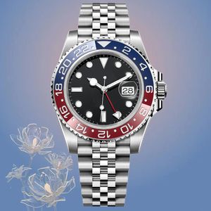 Wristwatch Mens Designer Watch عالي الجودة GMT 40mm Red و Blue Ceramic Ceramic Dial Black Sapphire مقاومة للماء 904L من الفولاذ المقاوم للصدأ مراقبة اليوبيل مع مربع مونتر