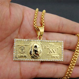 Naszyjniki wiszące US 100 dolarów Naszyjniki Wisianty Mężczyzna ze stali nierdzewnej Złote Kolor dla mężczyzn Rhinestone Hip Hop Bling Jewelry T230413