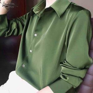 Women's Blouses Shirts Spring Fashion Korean Satin Silk High Quality Button Loose Lady Long Sleeve Tops Avocado Green Shirt Vintage Blouse Women 12610 230414