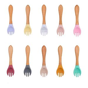 Cups Dishes Utensils Baby Fork Spoon Silicone Wooden Feeding Spoon Soft Tip Fork BPA Free Food Grade Materia Bamboo Handle Toddlers Gifts AA230413