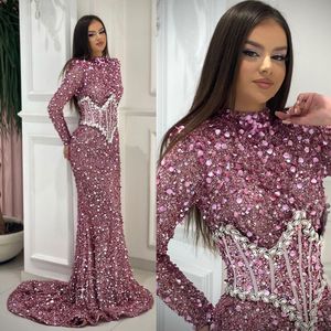 Glitter Crystals Prom Dresses Long Sleeves Party Dresses Sequined Shiny Sweep Train Custom Made Evening Dress