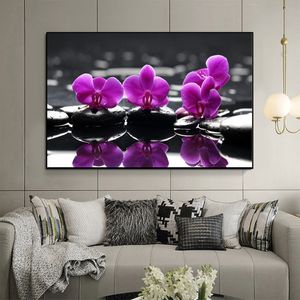 Målning HD -tryck Zen Stones Purple Butterfly Orchid på Canvas Art Modern affischvägg Bild för vardagsrum Cuadros Decoracion