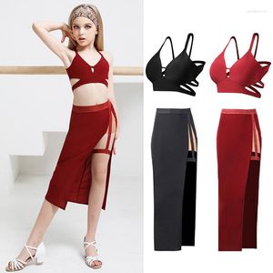 Scene Wear Kids Latin Dance Costume Bandage Tops Slitdans kjol Girls Summer Practice Clothing Chacha Performance Outfit DNV14743