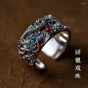 Cluster Ringe Buddhistone Silber Farbe Xianglong Spielender Perlenring für Herren Retro China-Chic Dominante Persönlichkeit offen