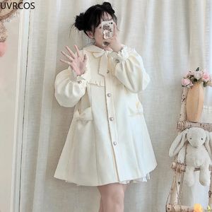 Kvinnors ull blandar vinter kvinnors ullrock japansk lolita stil söt kawai bow a-line lösa jackor kvinnlig elegant höst koreansk mode outwear 231114