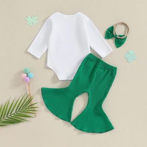 Conjuntos de roupas Nascido Baby Girl St Patricks Day Outfit Little Lucky Charm Romper Verde Ribbed Calças Flared Headband Set