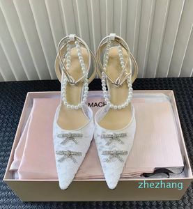 Arco stromestone embelezada de cristal com sapatos de renda branca salto sandálias femininas vestido sapato noite tornozelo de pérola sandália