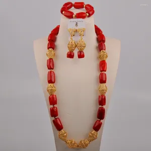 Collana Orecchini Set Accessori per abiti da banchetto Nigeria Matrimonio romantico Rosso Corallo naturale Gioielli da sposa africani femminili AU-650