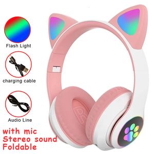 Mobiltelefonörlurar Flash Light Cat Ears Hörlurar Trådlösa med Mic Control Led Kid Girl Stereo Söt musikhjälm Bluetooth -telefonens headset Earphone 230414