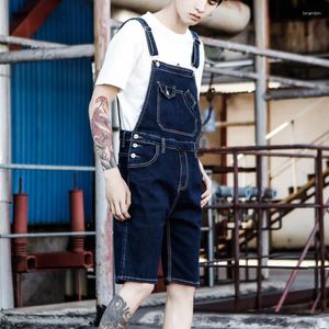 Mäns jeans denim shorts män japanska overaller manliga sommarhål bib koreanska hängslen hoppsuit