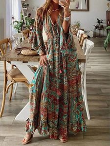 Grundlegende Freizeitkleider Böhmischer Strand Maxikleid Frühling Sommer Vintage Blumendruck lang für Urlaub Boho Elegante Damen Vestidos 231113