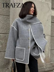 Womens Wool Blends TRAFZA Autumn Jacket for Women Vintage Solid Long Sleeve Woolen Coats with Scarf Winter Warm Female Fashion Streetwear Coat 231114