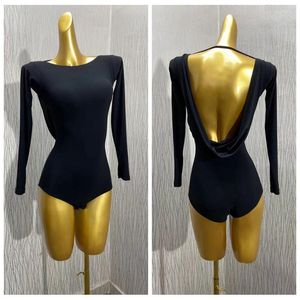 Abbigliamento da palcoscenico Ballo latino Tuta da allenamento femminile Abbigliamento da allenamento Adulto Personalizzato Sexy Performance Training OnesiesBallerina Manica lunga Blac