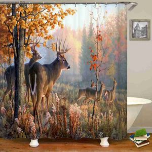 Shower Curtains Deer Bathroom Shower Curtain Peacock Forest Mountain Animal Hanging Curtains Home Bathroom Decor Set R231114