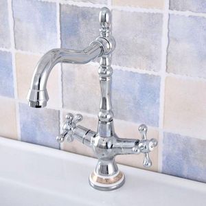 Kitchen Faucets Polished Chrome Brass Bathroom Basin Sink Faucet Mixer Tap Swivel Spout Dual Cross Handles Ceramic Base One Hole Msf666