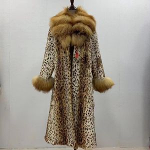 Womens Fur Faux Lapel Collar Natural Whole Skin Genuine Long Jacket Real Rabbit Leopard Print Winter Overcoat 231113