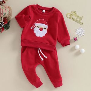 Kleidungssets Niedliches Baby-Mädchen-Jungen-Weihnachtskleidungs-Stickerei-Weihnachtsmann-Langarm-Pullover-Oberteil-Hosen-2-teiliges Set Kinderkleidung 231114