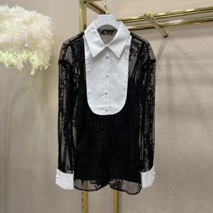 Women's T Shirts Early Spring Black Jacquard Lace Stitching Shirt Retro Style White Collar Front