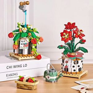 Blocks Creative Strawberry Cherry Blossom Meaty Plant Bonsai Building Mini Flower Home Decoration Cute Girl Gift Children's Toys 231114