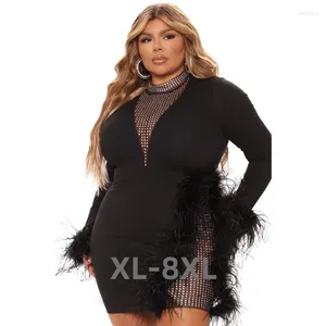 Plus Size Kleider Hip Wrapped Short Dress Mesh Feather Slim Party Nightclub Oversize 4xl 5xl 6xl 7xl 8xl