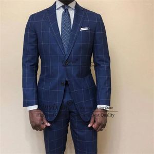 Abiti da uomo Moda Plaid Uomo Risvolto con risvolto Smoking da sposo sposo 2 pezzi Set Business Blazer maschili Slim Fit Blu Costume Homme