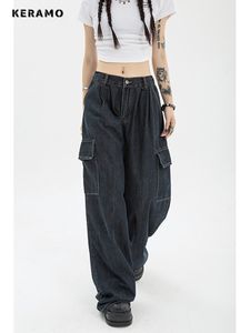 Women's Jeans Spring Women Harajuku Cargo Baggy Blue Streetwear Hip Hop Oversize Casual Wide Leg Vintage Demin Pants Y2k Loose Trousers 230413