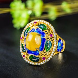 Anelli a grappolo Gioielli in argento retrò S925 Sterling Cloisonne Gemme di cera d'api naturale Fiore di peonia Anello da donna con estremità aperta all'ingrosso