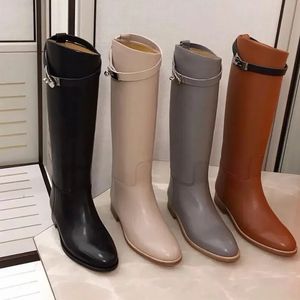 Luxury brands jumping tall boot buckles women black genuine leather knee-boots black brown ladies martin booties female knight boots sapatos mujers