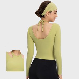 Lw027 Camicie a maniche lunghe a coste Felpa con collo appeso Morbida contro la pelle Danza Yoga Top T-shirt elastiche ad asciugatura rapida Camicia da corsa slim fit