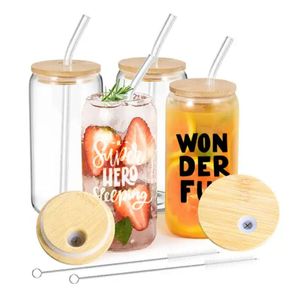 Armazém local dos EUA Navio em 24H 16oz Canecas de vidro de sublimação Copo em branco com tampa de bambu Lata de cerveja fosca Óculos Tumbler Mason Jar Plástico Palha I1114