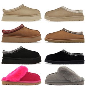 Pantofole Tazz da donna di design di lusso Pantofola Tasman con semi di senape Stivali ultra mini Soffice pelle di montone Shearling Scivoli in pelliccia Stivaletti da ragazza Sandalo in castagna