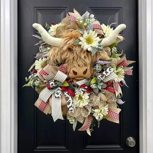 Decorative Flowers Battery Christmas Wreath Cow Front Door Wall Hanging Handmade Home Farmhouse Decoration Bows For Kitchen