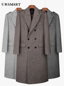 メンズジャケットクラシックヘリンボーンパターンダブルブレストのイギリスのファッションを厚くした男性用のウルトラロングウールコート231113