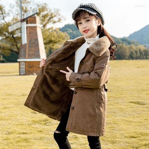 Coat Girls Trench Plus Velvet Warm Fashion Parkas Solid Turn Collar Single-Breasted Long Jackets för våren Autumn 2023