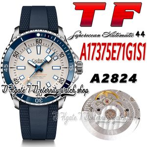 TF Superocean 44 ETA A2824 Automatisk män Titta på A17375E71G1S1 Blue Ceramic Bezel White Dial Stick Markers Steel Case Gummi Strap Super Edition Eternity Watches