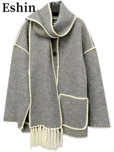 Women's Wool Blends Eshin Autumn Fashion Women's Coats Scarf Collar Loose Single Breasted Tassel Spliced Pockets Jackets Female TH1550 231114