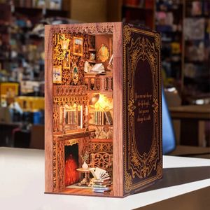 Julekorationer Diy Wood Book Nook Shelf Insert Dollhouse Kit Miniature Building Kits 3D BookNook Bookhelf With Light Bookends Gift 231113