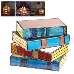 Table Lamps USB Stained Glass Stacked Books Lamp Decorative Vintage Reading Book Table Lamp Desk Reading Light Nightstand Resin Desk Lamps R231114