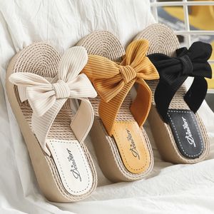 Slippers Summer Fashion Platform Hemp Bow Wedges Women Slippers Indoor Outdoor Beach Slides High Heels Women Shoes Flip Flops 230414