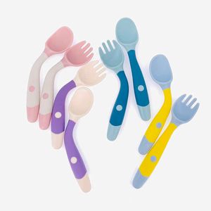 Cups Dishes Utensils Baby Children Spoon Fork Set Soft Bendable Silicone Scoop Fork Kit Tableware Toddler Training Feeding Cutlery Utensil AA230413