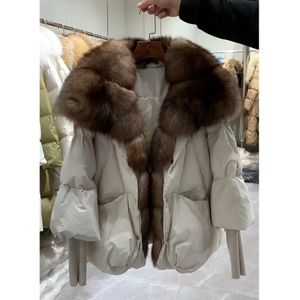 Mulheres pele do falso inverno casaco quente oversized real gola de raposa grosso luxo outerwear moda 90% ganso para baixo jaqueta 231113
