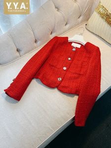 Женские куртки во французском стиле, винтажные женские однобортные твидовые куртки с круглым вырезом, брендовые дизайнерские осенние офисные женские красные пальто, элегантные вечерние 231113