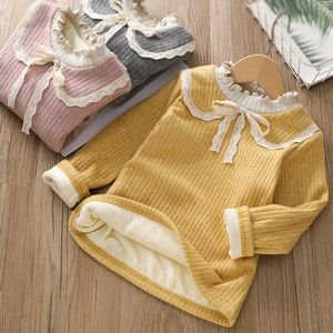 T-shirts Girls Fleece Bottoming Shirt Winter Baby Long-Sleeved T-shirt Barn Halv Hög hals Varma förtjockade toppar 230414