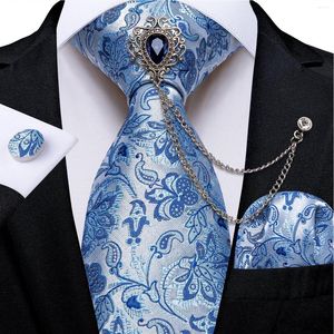 Bow Ties Light Blue Paisley Men's 8cm Handkerchief Cufflinks Luxury Crystal Brooch Wedding Party Accessories Gift Wholesale