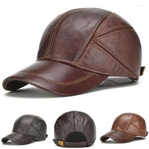 Ball Caps Men Winter Warm Baseball Cap Genuine Leather Adjustable Hat With Ear Flaps 2023 Bomber Windproof Outdoor