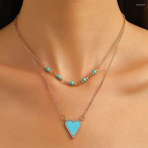 Pendant Necklaces Bohemian Blue Heart Sun Necklace For Women Bilayer Colorful Beaded Stone Chain Chokers Metal Accessories Fashion Jewelry